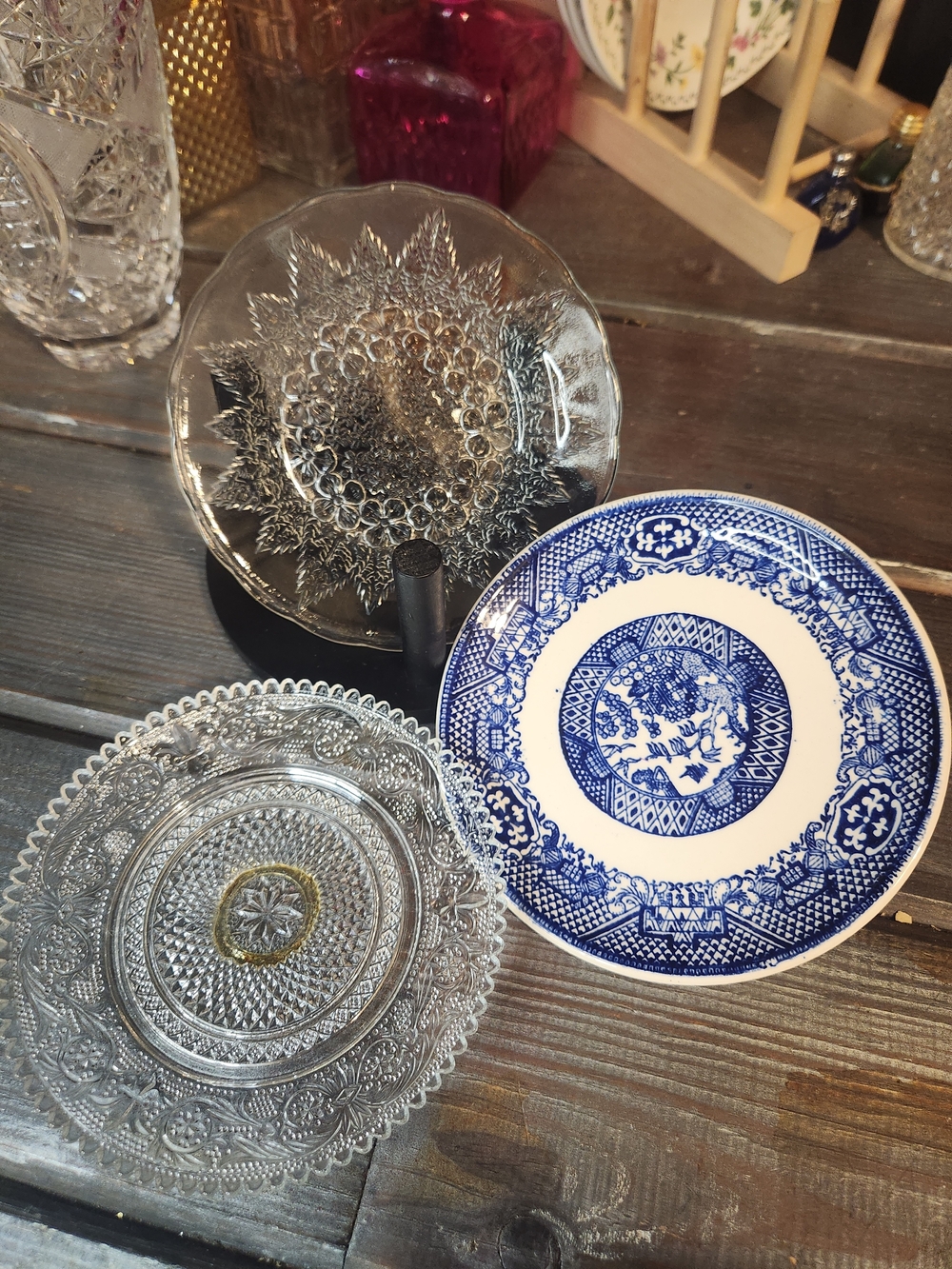 Set Of 3 Small Plates, 2 Cleae Glass, 1 Ceramic Plate - 6 In Diameter